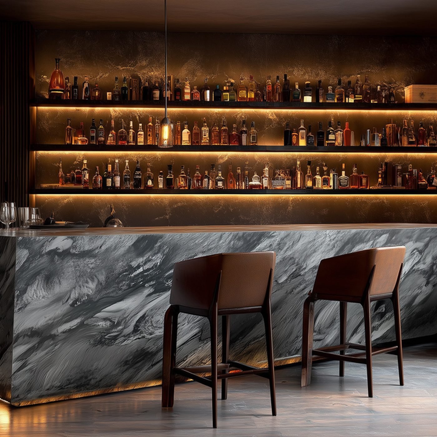 A basement bar with a grey marble waterfall counter and two leather stools, in front of backlit shelves of bottles
