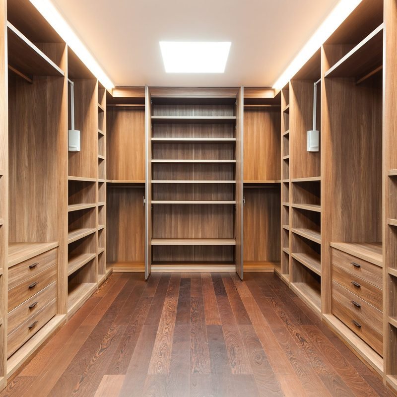 A walk in closet lined floor to ceiling in warm wood, with open shelving and hanging rails down both sides, banks of drawers, and a lit ceiling panel, over a wide plank walnut floor